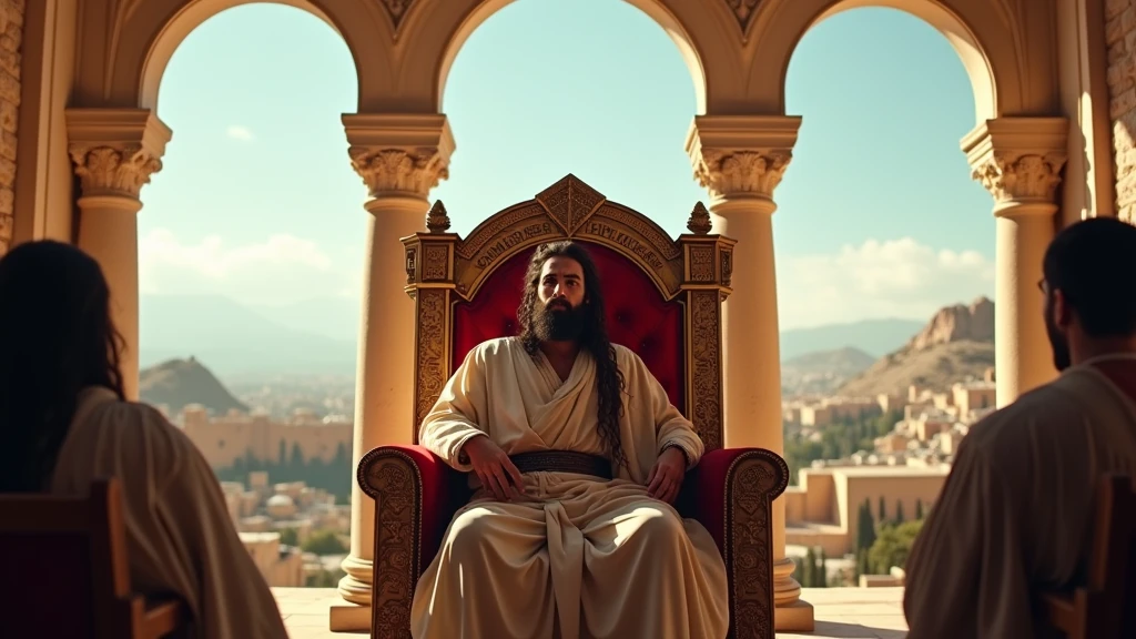 "Imagine a powerful cinematic scene where King David sits on his majestic throne in the palace of Jerusalem. He is portrayed as a strong and charismatic man, with a well-groomed beard and a determined look. The throne is decorated with beautiful inscriptions and gold details., symbolizing his royalty. Ao fundo, Large windows reveal a stunning cityscape, with hills and trees in the distance, Under a clear blue sky. In your hands, David holds a harp, symbolizing his love of music and his skill as a composer. Around her, advisors and soldiers watch with respect, while the soft sunlight illuminates the scene, creating an atmosphere of reverence and power."