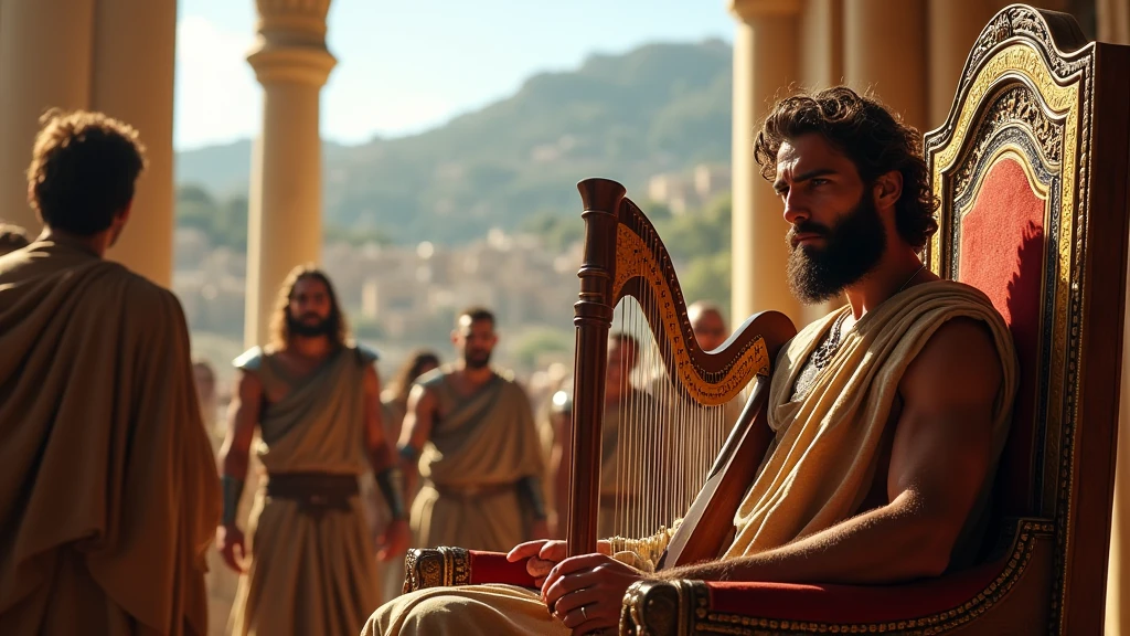 "Imagine a powerful cinematic scene where King David sits on his majestic throne in the palace of Jerusalem. He is portrayed as a strong and charismatic man, with a well-groomed beard and a determined look. The throne is decorated with beautiful inscriptions and gold details., symbolizing his royalty. Ao fundo, Large windows reveal a stunning cityscape, with hills and trees in the distance, Under a clear blue sky. In your hands, David holds a harp, symbolizing his love of music and his skill as a composer. Around her, advisors and soldiers watch with respect, while the soft sunlight illuminates the scene, creating an atmosphere of reverence and power."