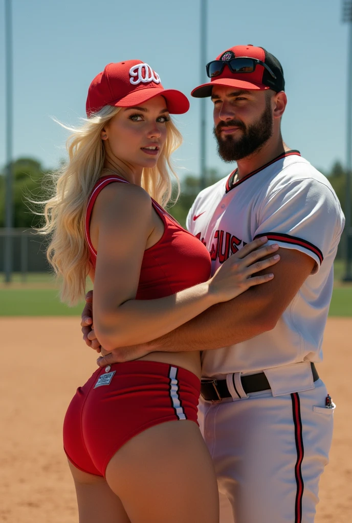 Girl with wide hips, thick thighs, and a big round ass. Voluptuous. She's a pawg. She has a flat stomach and is in shape. Blonde hair and blue eyes. Wearing a slutty softball uniform. In a suggestive pose. She's standing with a man, he is in a baseball uniform and is grabbing her big ass