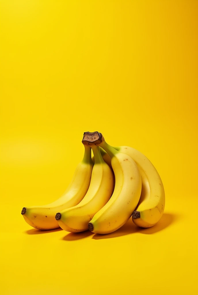 a realistic image of a banana bunch on a yellow background. The bananas should appear medium ripe and ready to eat, with no deformities. The photo should be taken with a Nikon Z7 camera and a prime 80mm lens, using an aperture of f/8 and a shutter speed of 1/125. The image should be well-balanced in composition, following the rule of thirds and the golden ratio. The lighting should be natural and use daylight white balance. The photo should be sharp, well-lit, and high-resolution. Please ensure that the bananas look good, natural, and are displayed in a way that is pleasing to the eye.