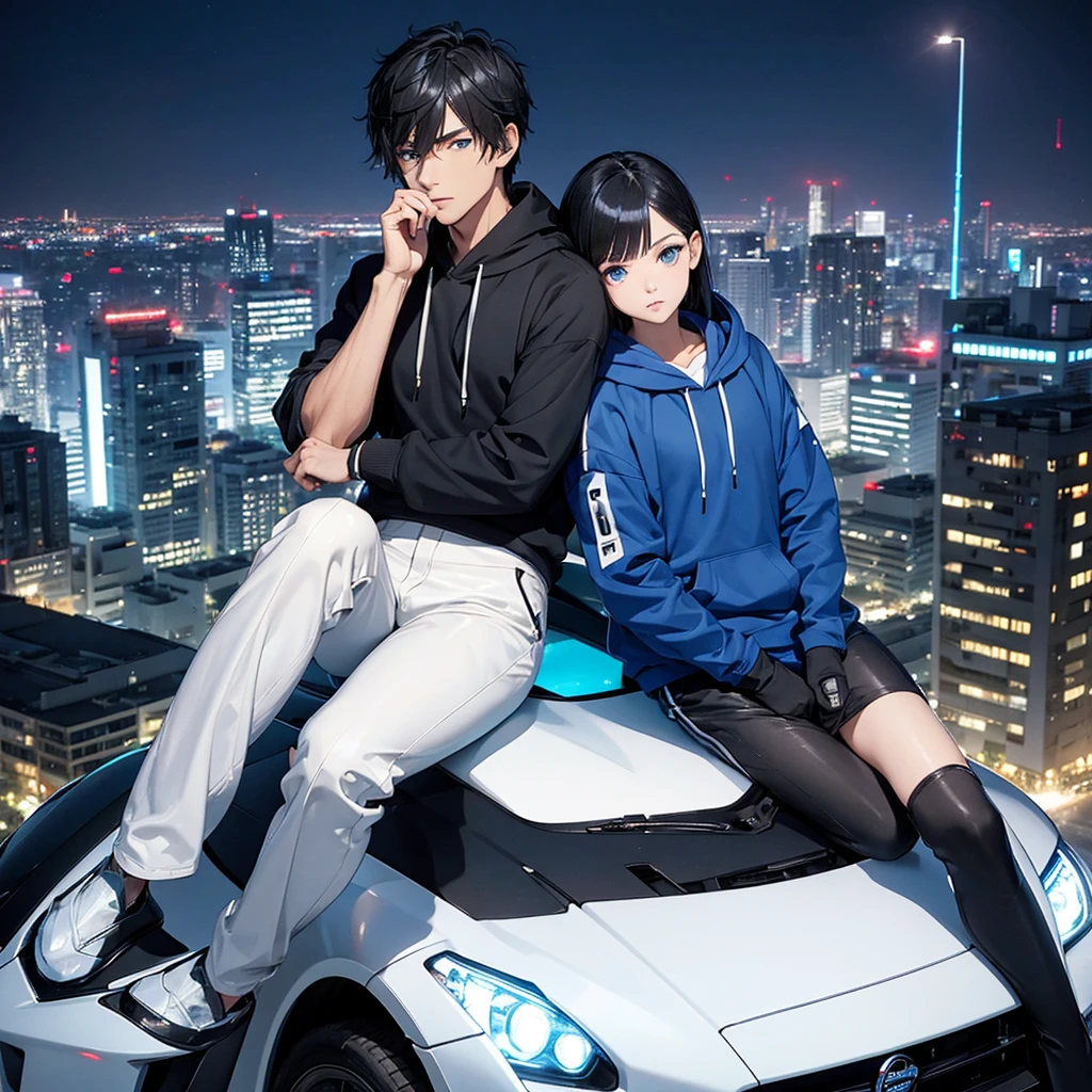 man, 1 person, Wear a dark blue hoodie., white tight transparent pants, black hair, blue eyes, Sitting in a Nissan GTR R-35, View of central Bangkok at night