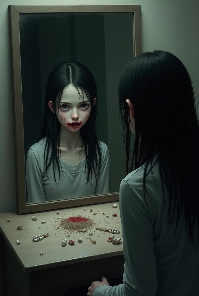 a girl looking into a mirror with her back facing you, but you see her face in the mirror.
She has a bloody mouth( or mouth full of blood) with missing teeth, and teeth scattered on a table, some of the teeth in tact, but some teeth ground up into a powder, and some formed into lines(like to snort type lines)