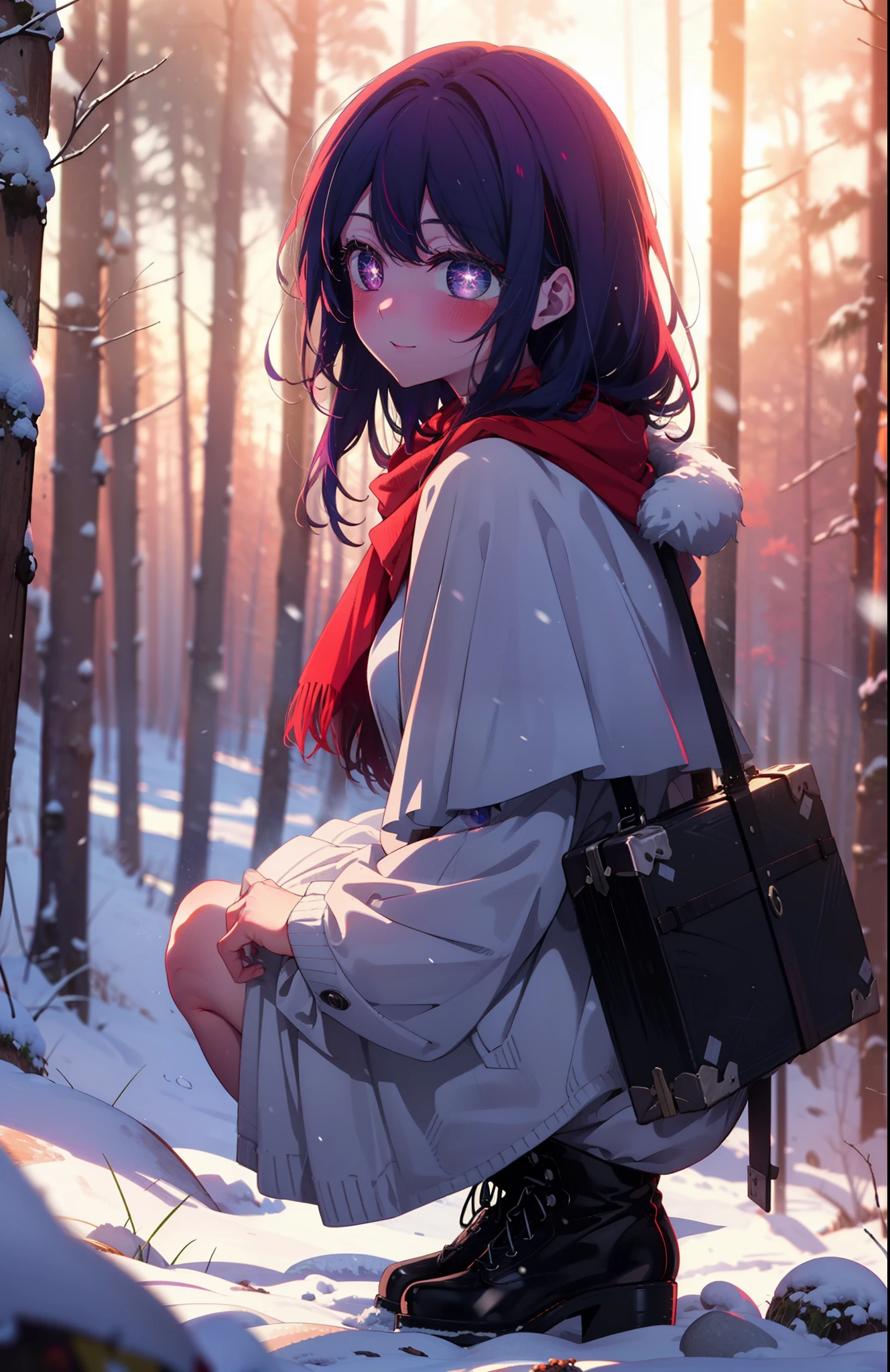 aihoshino, Ai Hoshino, Long Hair, bangs, (Purple eyes:1.1), Purple Hair, (Symbol-shaped pupil:1.5), smile,,smile,blush,white breath,
Open your mouth,snow,Ground bonfire, Outdoor, boots, snowing, From the side, wood, suitcase, Cape, Blurred, , forest, White handbag, nature,  Squat, Mouth closed, Cape, winter, Written boundary depth, Black shoes, red Cape break looking at viewer, Upper Body, whole body, break Outdoor, forest, nature, break (masterpiece:1.2), Highest quality, High resolution, unity 8k wallpaper, (shape:0.8), (Beautiful and beautiful eyes:1.6), Highly detailed face, Perfect lighting, Extremely detailed CG, (Perfect hands, Perfect Anatomy),