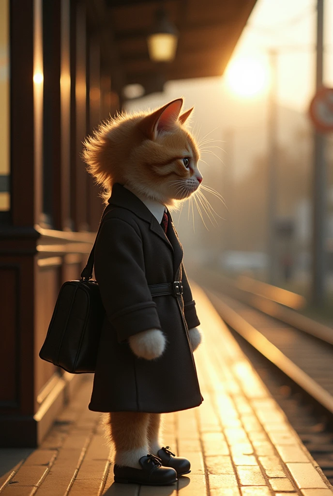 35mm lens,Multiple angles,side,silhouette,Overhead shot,Cat,Standing,doll,Carrying a small school bag,tram,Hokkaido,Autumn Station,Wooden house,Platform, cloak,Ruan Jia,Suit,tie, (Delicate face), (Fine fluffy fur),(35mm Cinema Lens),(Multi-angle shooting),(many viewing angles)