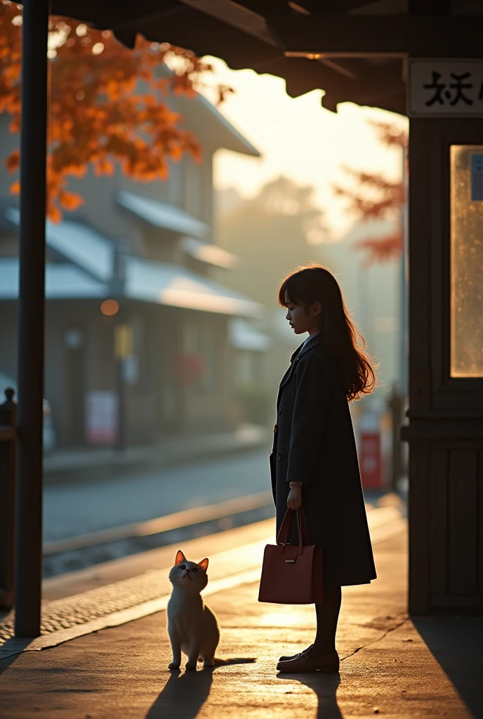 35mm lens,Multiple angles,side,silhouette,Overhead shot,Cat,Standing,doll,Carrying a small school bag,tram,Hokkaido,Autumn Station,Wooden house,Platform, cloak,Ruan Jia,Suit,tie, (Delicate face), (Fine fluffy fur),(35mm Cinema Lens),(Multi-angle shooting),(many viewing angles)