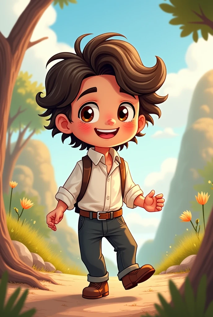 Create a DRAWING character for my game. Being him, a boy, with long dark brown hair, white blouse and black pants, brown dark eyes. in Cartoon