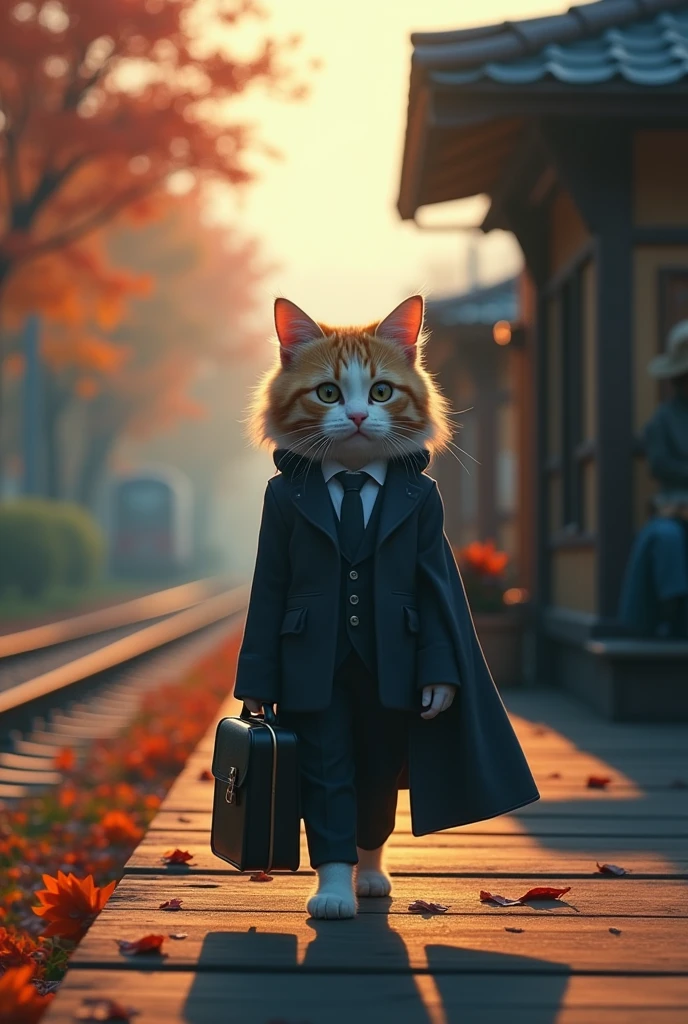 35mm lens，Multiple angles，side，silhouette，Overhead shot，Cat，Standing，doll，Carrying a small school bag，tram，Hokkaido，Autumn Station，Wooden house，Platform， cloak,Ruan Jia,Suit,tie, (Delicate face), (Fine fluffy fur)，（35mm Cinema Lens），（Multi-angle shooting），（many viewing angles）