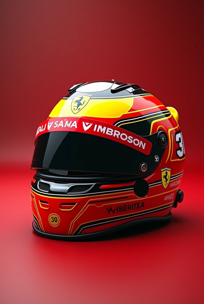 Cap like Carlos Sainz&#39;s, red in color, yellow, black and white with the number 30 on the right side of the vice ,that has the logo of a stallion in the center of the cap, that has GÓMEZ on the right side in front with Ferrari typography 