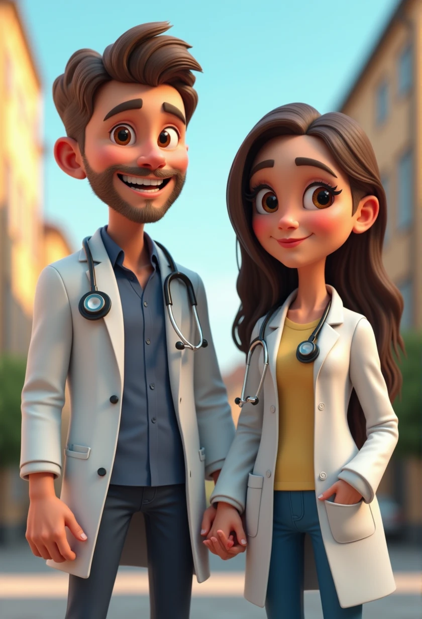 Cartoon Character Couple Of adult Doctors Wearing Lab Coat And Stethoscope In A College , man holding Britain flag, an animated character, stylized character, animation style rendering, 3d stylized, , 3 d render stylized, toon render keyshot, 3d character, 3d character, 3d rendering stylized, 3 d character render, cartoon character, Personagem de close up, character posing, (Pixar-style) (bokeh) (best qualityer) (skin detailed) (detailed texture) (8k) (Argilla) (Cinematic lighting) (sharp focus，Sit down and lift your upper body