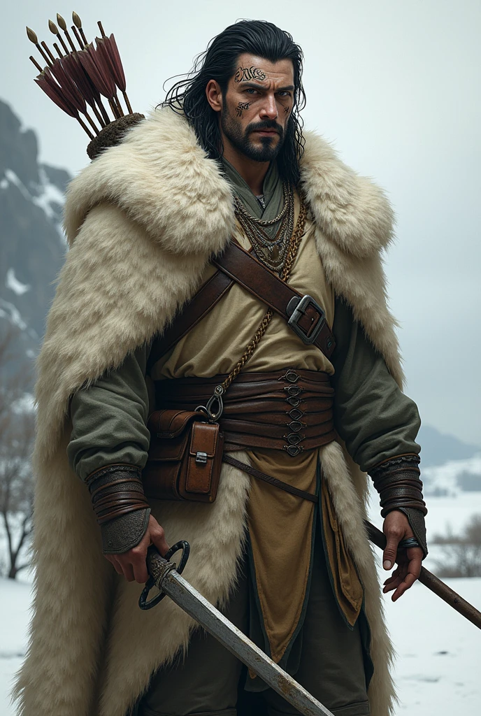 A character from Dungeons and Dragons who is a human ranger, is around 32 years old, Athletic, dark hair and very white skin, between 1,78 and 1,88 metro de altura, Has tribal tattoos on his face, dresses in a large polar bear skin, carries a bow and arrows on his back, has a dagger strapped to his waist