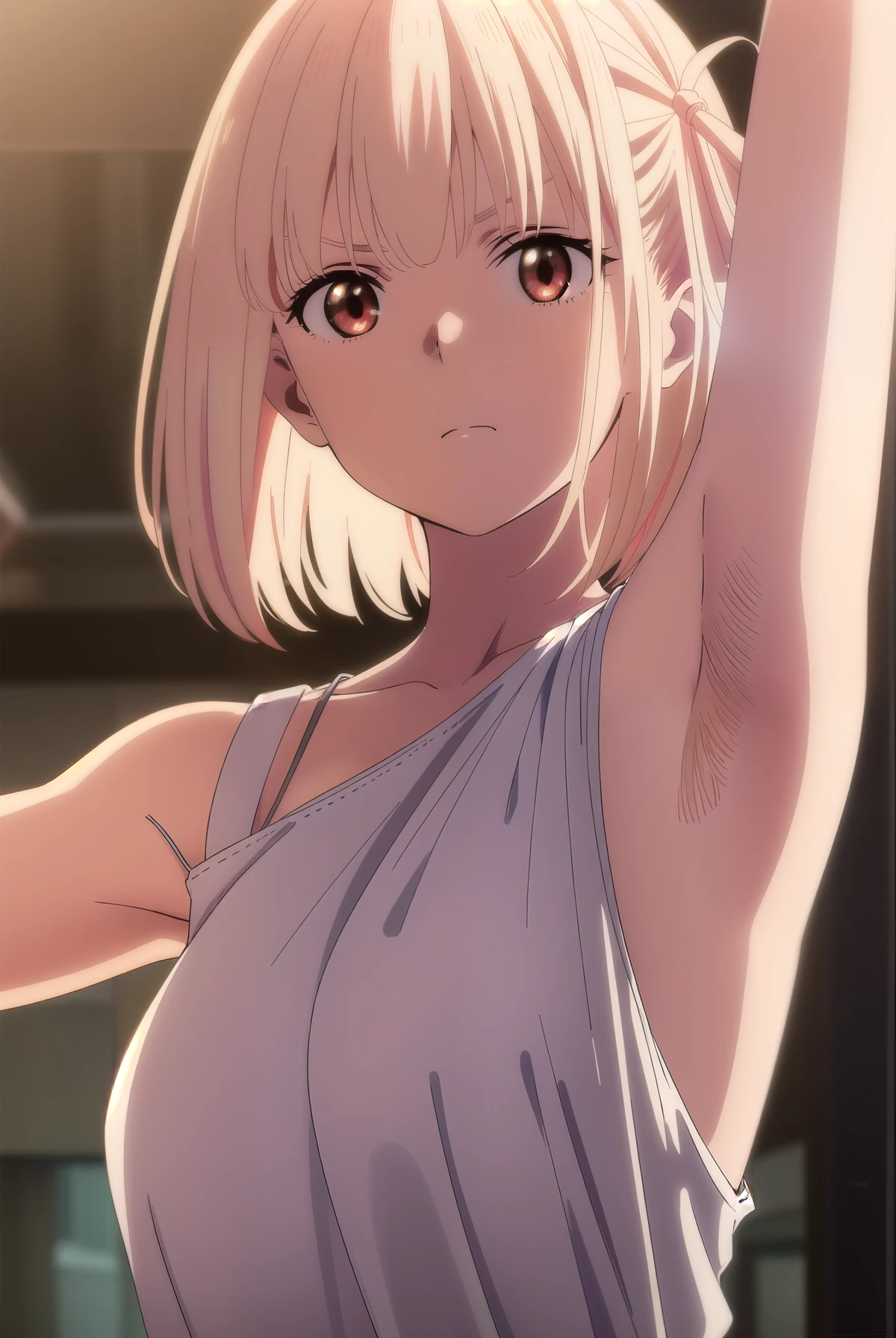 [Core Concept] A detailed, high-resolution illustration of the anime character Chisato Nishikigi in a provocative, outdoor city setting.

[Character Description] Chisato Nishikigi, with short blonde hair, bangs, and red eyes, is depicted wearing a white shirt, bra, and panties. Her hair is styled with a ribbon and in a short, one-sided bob cut.

[Environment/Background] The scene takes place outdoors, in an urban city setting, with Chisato positioned in a "cowboy shot" pose, looking directly at the viewer.

[Style and Atmosphere] The illustration is of the highest quality, with a masterful, beautifully detailed style. The lighting and overall atmosphere create a sense of realism and attention to detail.

[Composition] The composition focuses on a close-up of Chisato, emphasizing her detailed facial features, hands, and anatomy, including a prominent focus on her armpits.

[Details and Embellishments] The illustration is sweaty and highly detailed, with a particular emphasis on the character's armpits, which are depicted in super-detailed, high-definition quality.

[Technical Specifications] The final image is a high-resolution, 8K wallpaper-quality illustration, created with the utmost attention to detail and craftsmanship. ((Close up armpits))