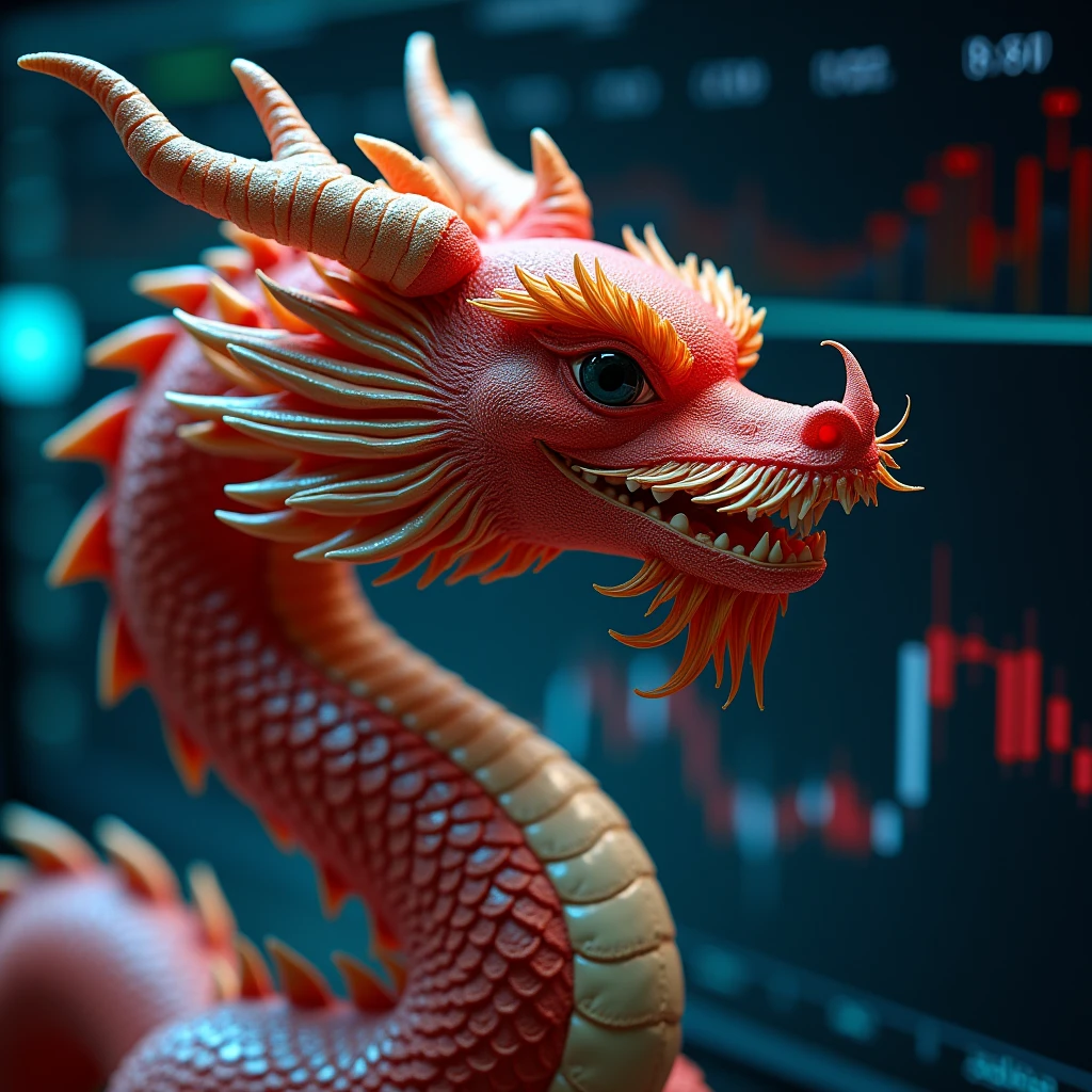 Chinese financial market dragon with chart trader behind and artificial intelligence