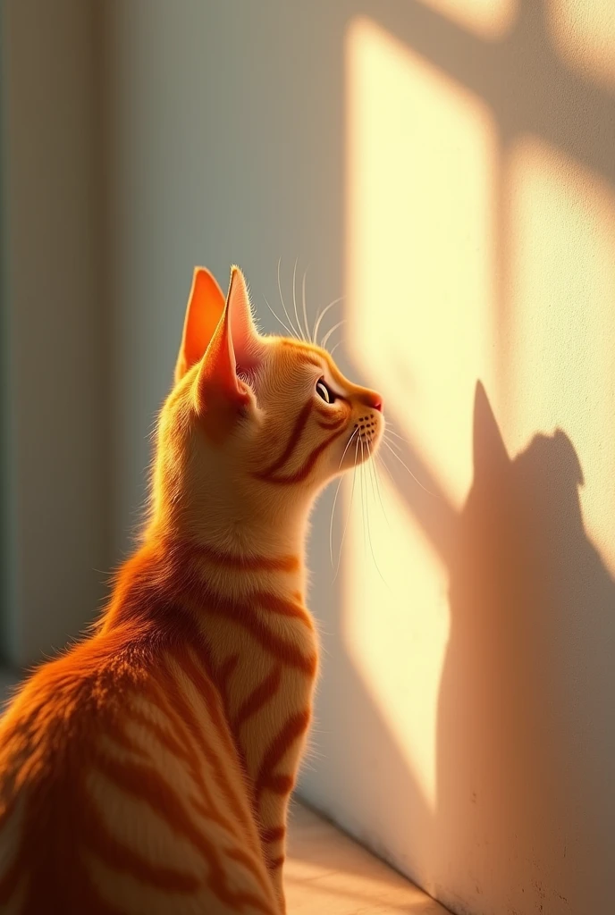 Orange cat was looking up at the wall. The sun is shining on one side and casting shadows on the other side