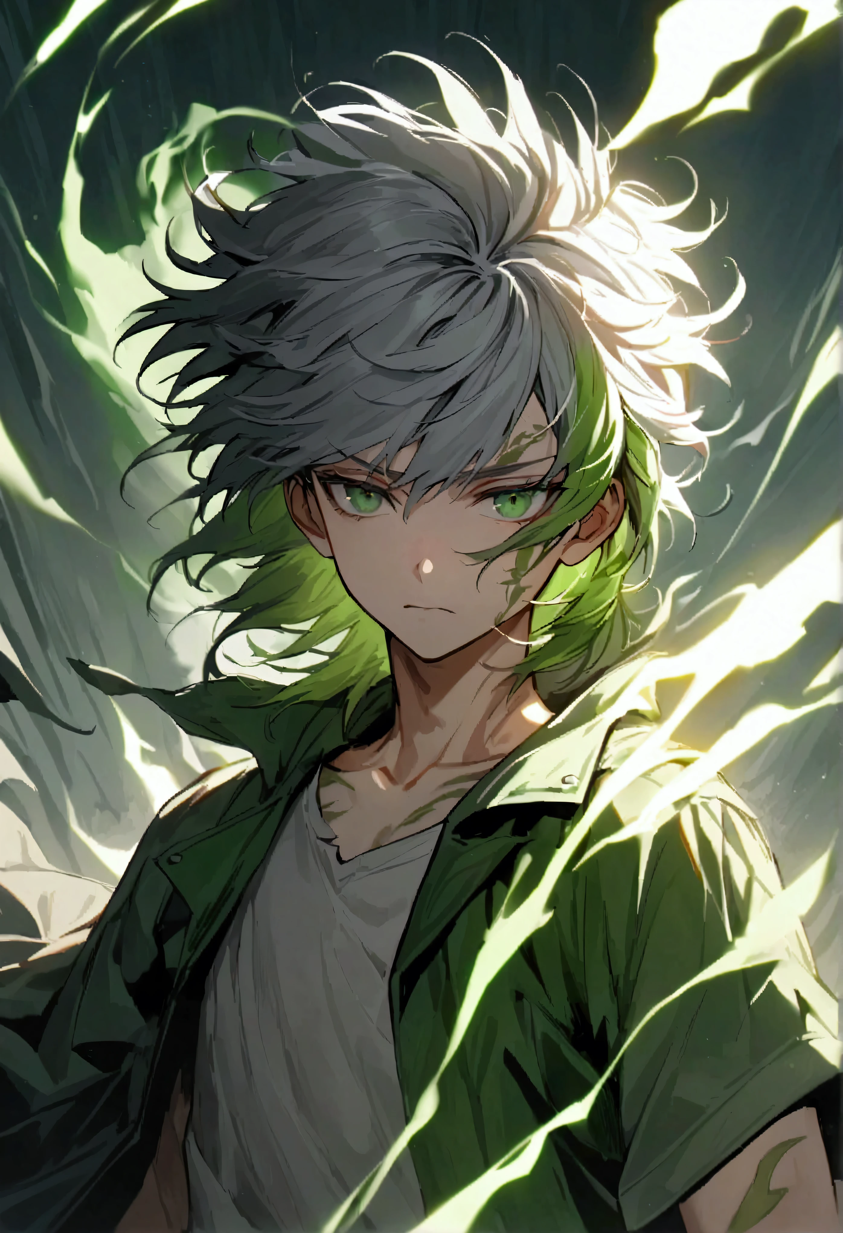 teenage boy, spiky hair, medium length hair, multicolored green and gray hair, greeneyes, face neutral, ripped loose white shirt, bright green loose-fitting short-sleeved overcoat, green tattoos on the body, wind aura