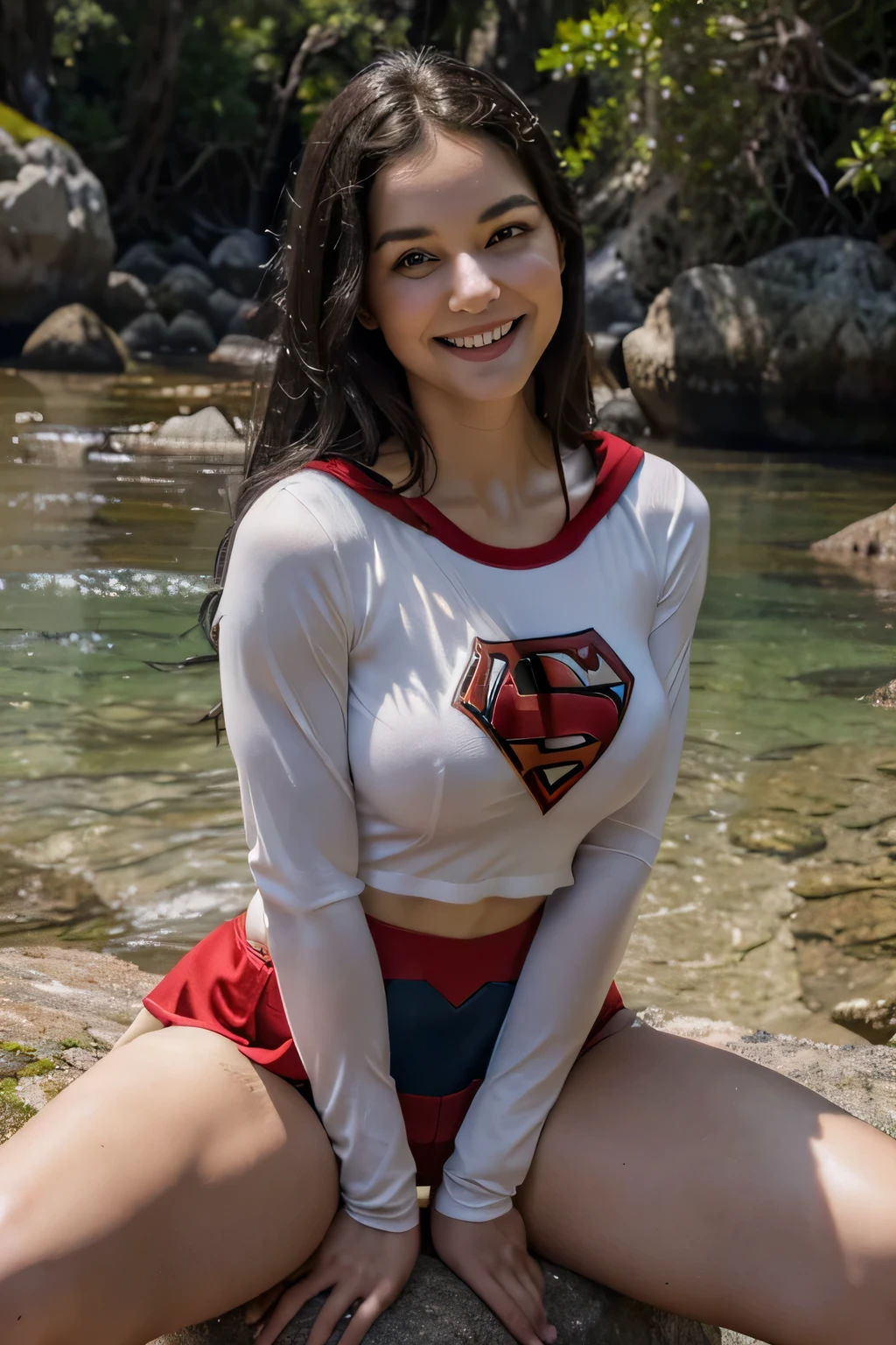 RAW, Best quality, high resolution, realistic, masterpiece: 1.3), Supergirl, black hair, perfect nose, perfect lips, perfect eyes, smiling, detail :1.2), supergirl in short red skirt, blue supergirl skinsuit, full body image detail, watery eyes, RAW, Best quality, high resolution, masterpiece, duchenne smile, toothy smile, sitting on a rock, cross legs, spread legs wide open showing white lace panties, red skirt, show cameltoe, medium thick thigh, Abel Tasman National Park, full body picture.