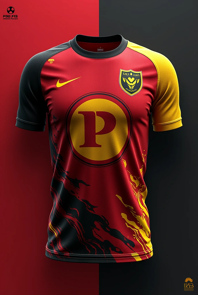 Jersey with Prosis logo theme in red, black and splash of yellow and with intricate italic pattern