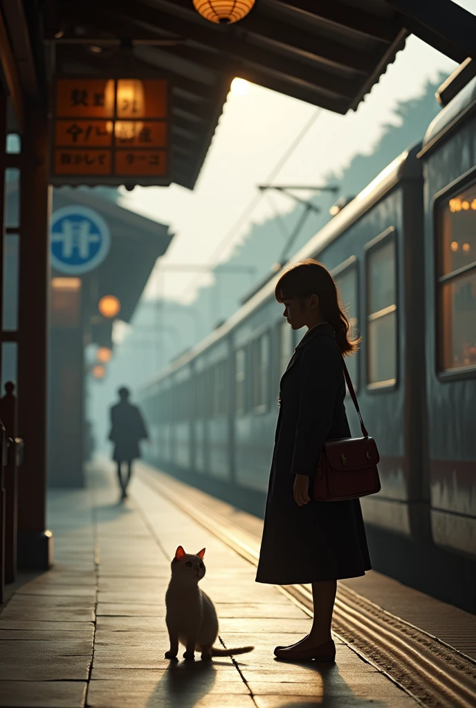 35mm lens,Multiple angles,side,silhouette,Overhead shot,Cat,Standing,doll,Carrying a small school bag,tram,Hokkaido Station,Wooden house,Platform, cloak,Ruan Jia,Suit,tie, (Delicate face), (Fine fluffy fur),(35mm Cinema Lens),(Multi-angle shooting),(many viewing angles)