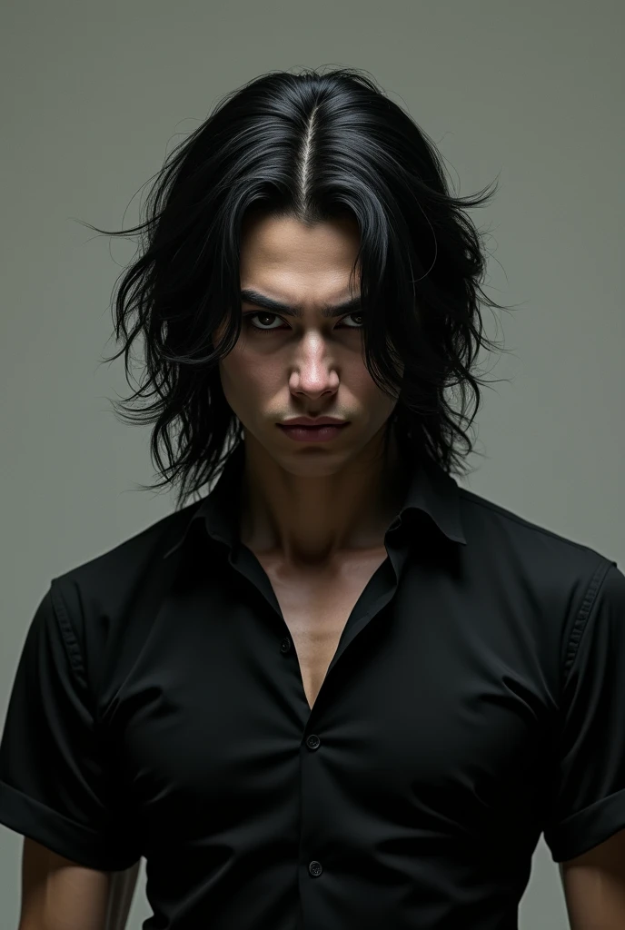 You have black and wavy hair, with locks that fall loose in your face, framing your features. Your eyes are black and narrow, with a shape reminiscent of a tiger, your face is square, with defined and angular lines,

Your height is 1.75 m, with a mesomorphic complexion, You are wearing a black shirt Realistic 
