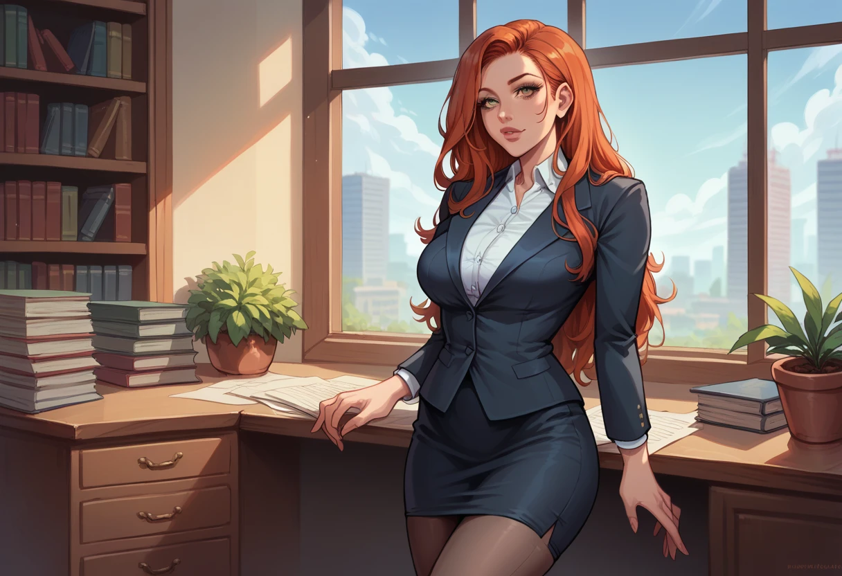 (1girl, solo), (girl is (redhead long hair), perfect body, detailed olive eyes, (dressed as a secretary)), (scenery modern office)