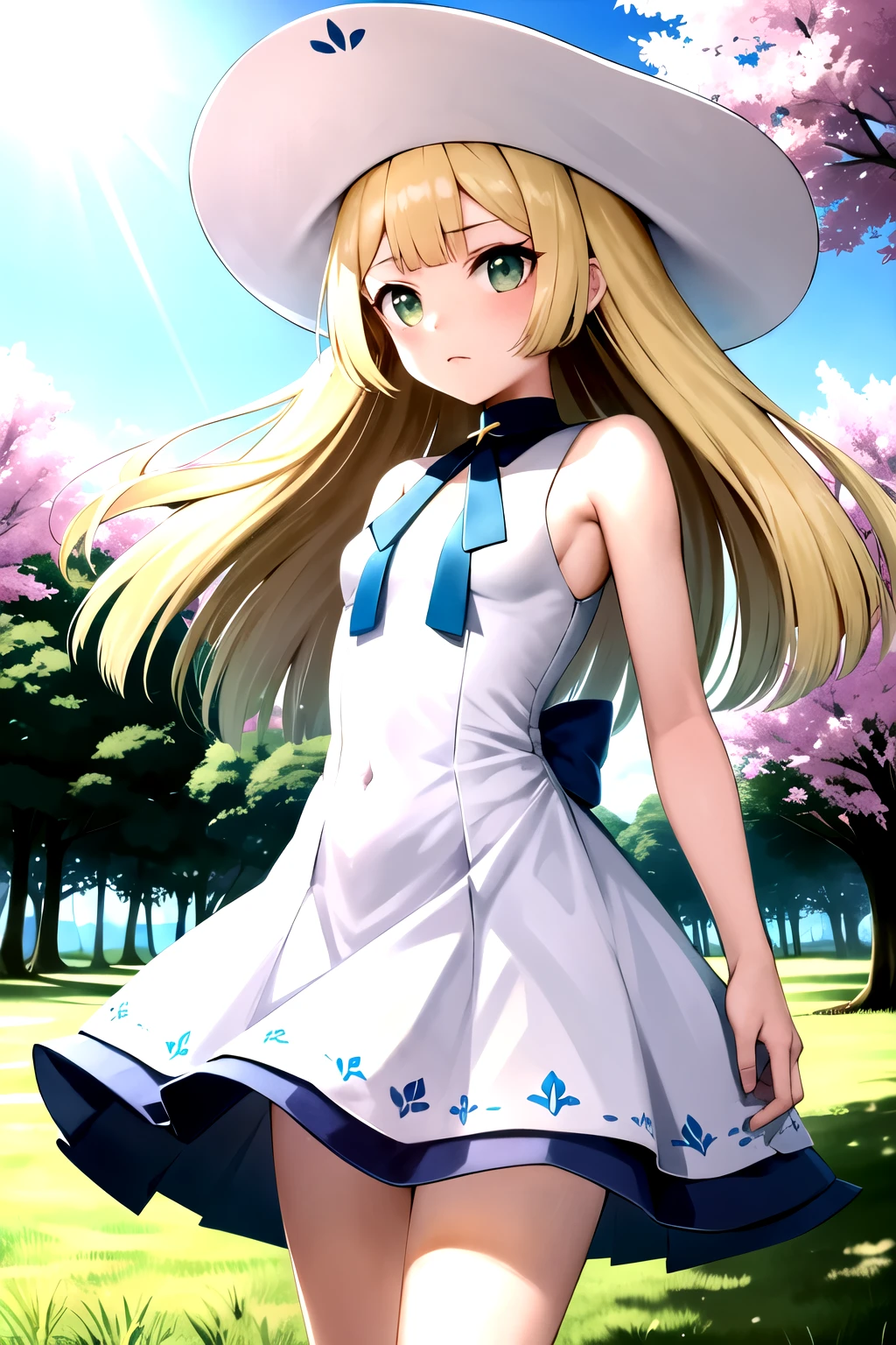 1 girl, masterpiece, (detailed background), Best Quality, absurdities, looking at the viewer,
forest path, field, grass, dirt road, wooden fence, blue sky, clouds, (sakura trees), sleeveless, exposed shoulders,
lilia, White dress, white sun hat, white ribbon, frown, expressionless,