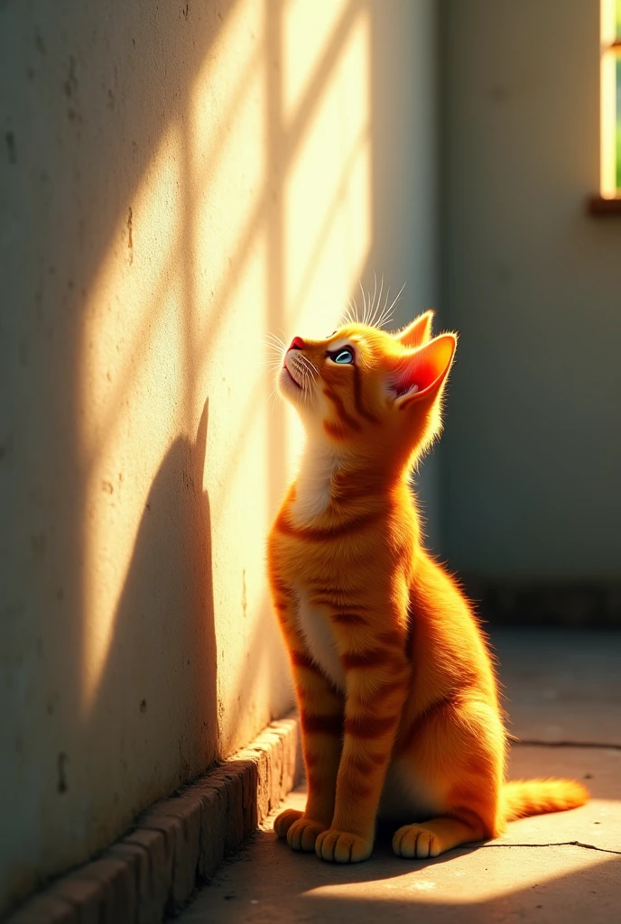 Orange cat was looking up at the wall. The sun is shining on one side and casting shadows on the other side