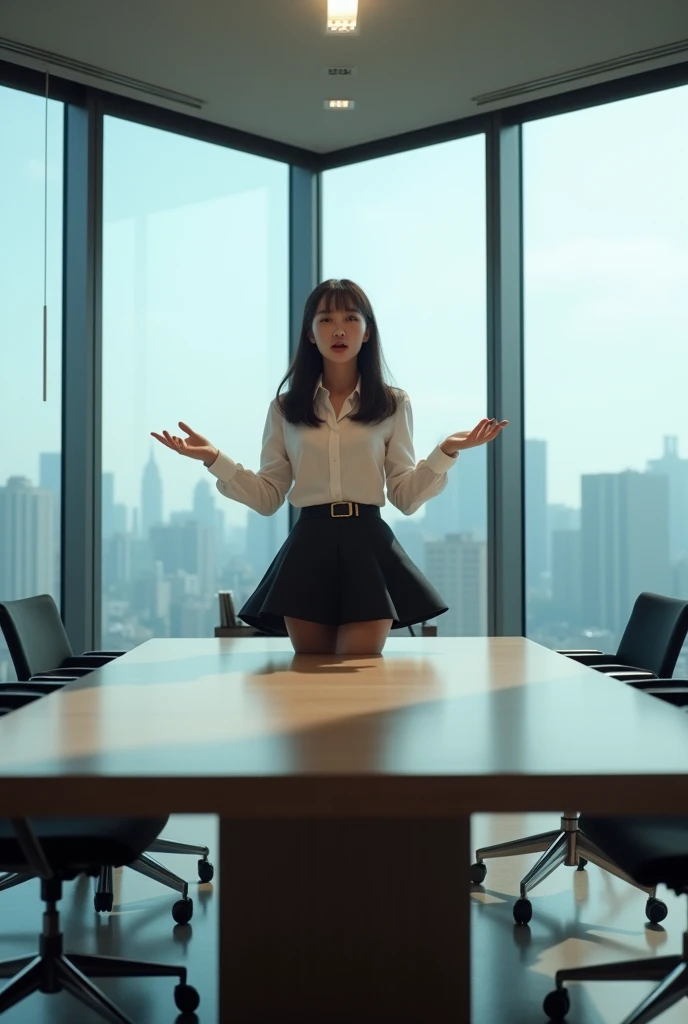 Japanese girl giving a presentation in an office conference room。
Hands on the table。
The skirt is flipped up。
Expressions of ecstasy。