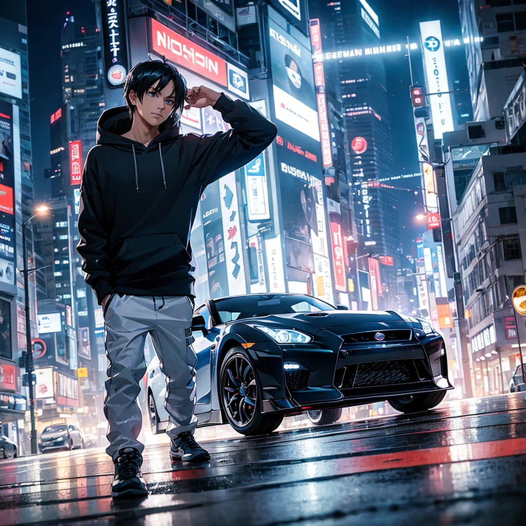 man, 1 person, Wear a dark blue hoodie., white tight transparent pants, black hair, blue eyes, Driving a Nissan GTR R-35, View of central Bangkok at night