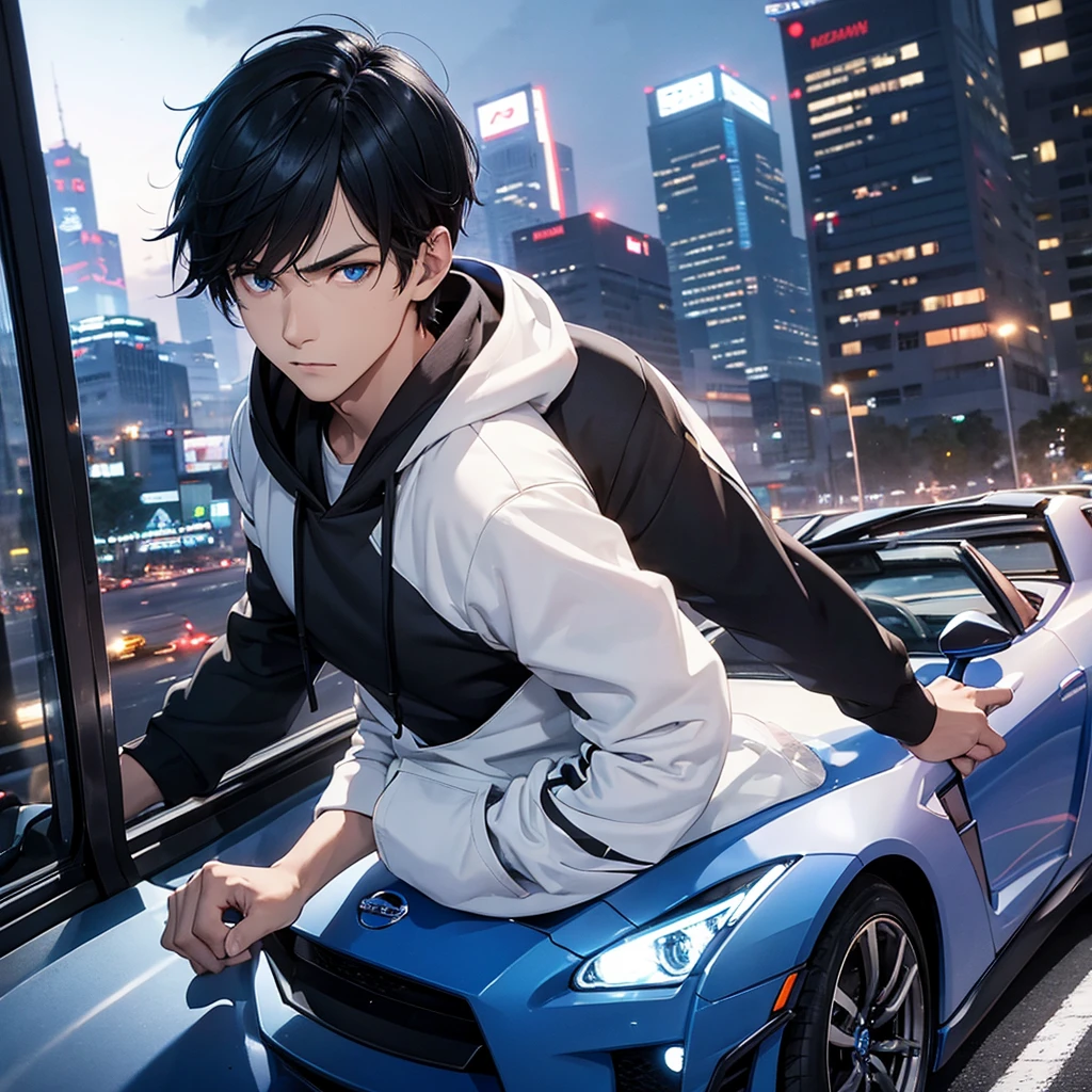 man, 1 person, Wear a dark blue hoodie., white tight transparent pants, black hair, blue eyes, Driving a Nissan GTR R-35, View of central Bangkok at night