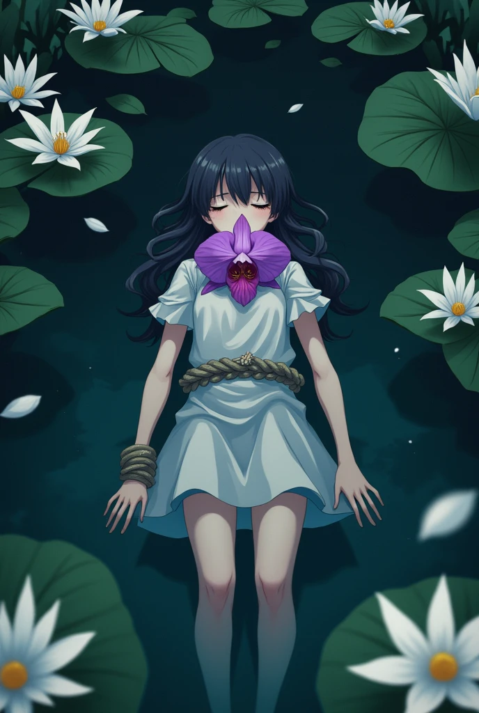 Generate an anime picture of a girl's dead body floating on the surface of a pond covered with white lilies and her hands are tied with thick rope and there is an orchid grotesquely placed in her mouth.