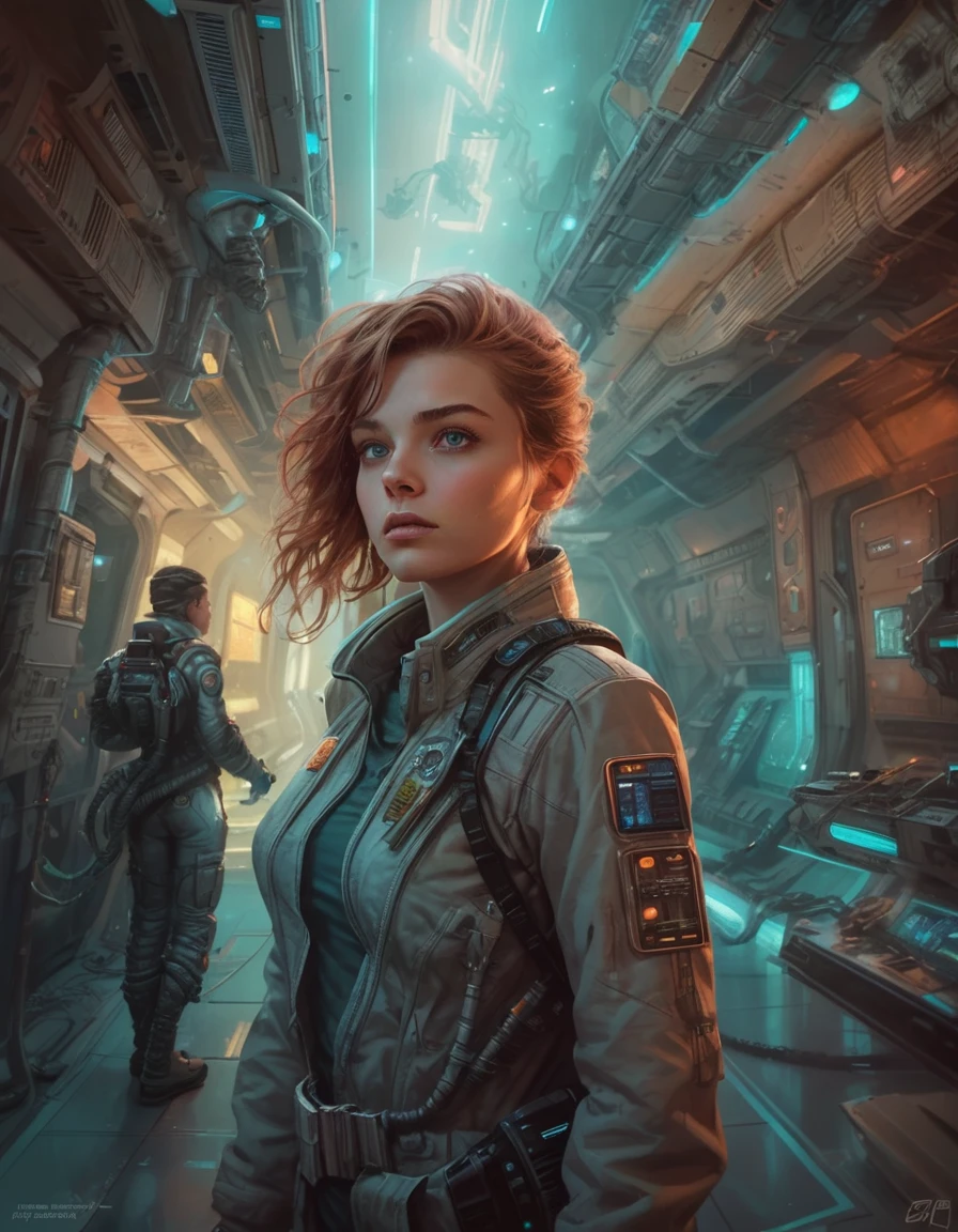 cinematic neon punk portrait of 24 yo [Maude Adams:Wynonna Ryder:0.5] as an Android starship attendant walking cautiously slilent in her Starship Cargo, terrified by Xenomorph onboard, Cyberpunk Starship cargo, Starship alley, intricate, sophisticated, highly detailed, intricate, digital painting, artstation, concept art, smooth, sharp focus, hyper photorealistic illustration, art by Don Lawrence and Frank Bellamy and alphonse mucha, 32k,