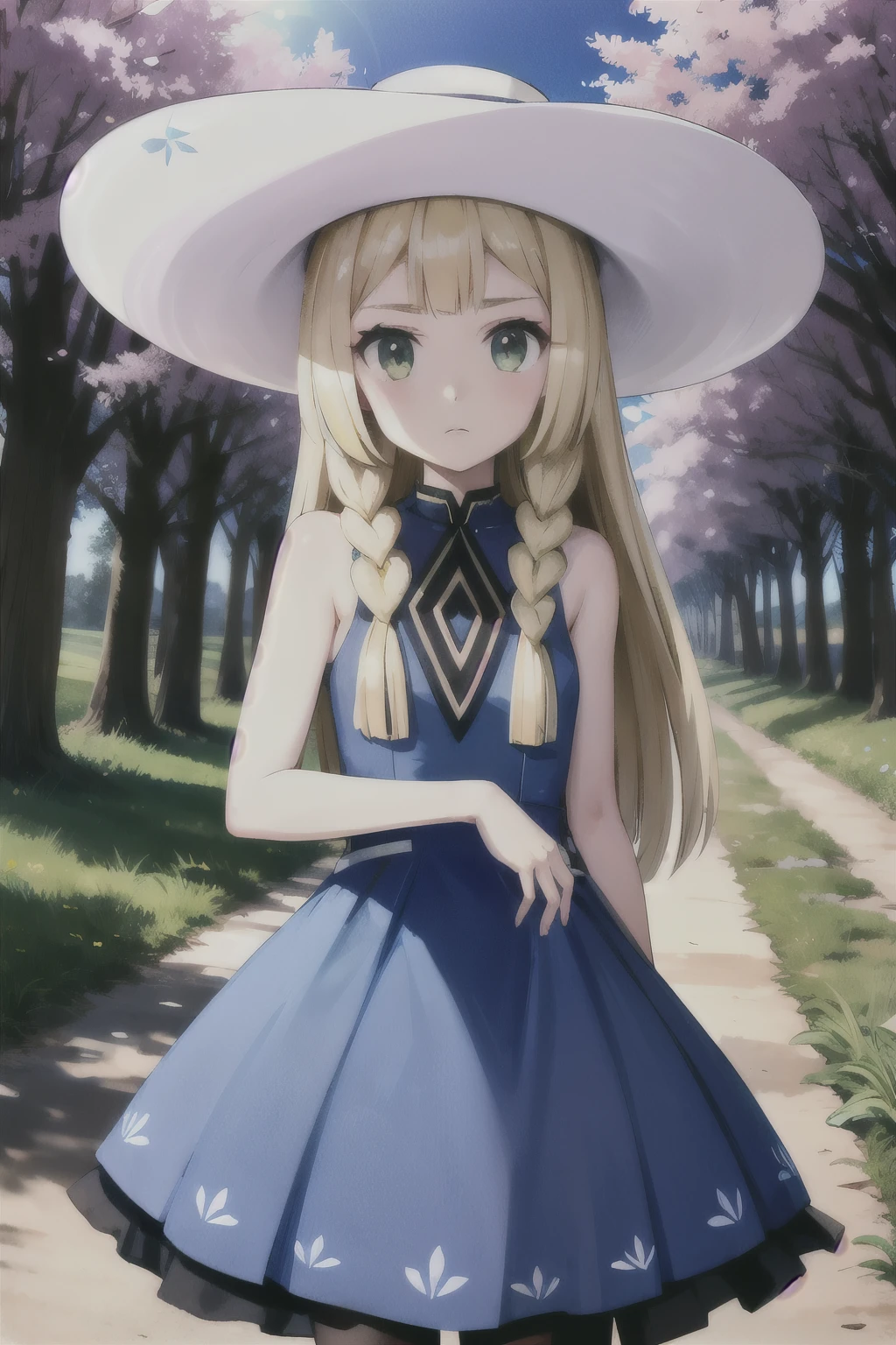 1 girl, masterpiece, (detailed background), Best Quality, absurdities, looking at the viewer,
forest path, field, grass, dirt road, wooden fence, blue sky, clouds, (sakura trees), sleeveless, exposed shoulders,
lilia, White dress, white sun hat, white ribbon, frown, expressionless,