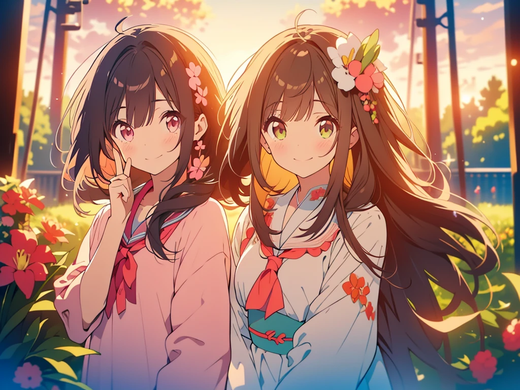kawaii, anime, Cute, hyper quality, highly detailed, 8k, Clarity, Draw facial expressions in detail, Girl with long dark brown hair and green eyes, small pink lily flower, highlight on eyes, whole body, Dignity, longing for the future, A young girl with short light pink hair and scarlet eyes., draw two people, dream of the future, dignified smile, They both do the peace sign,