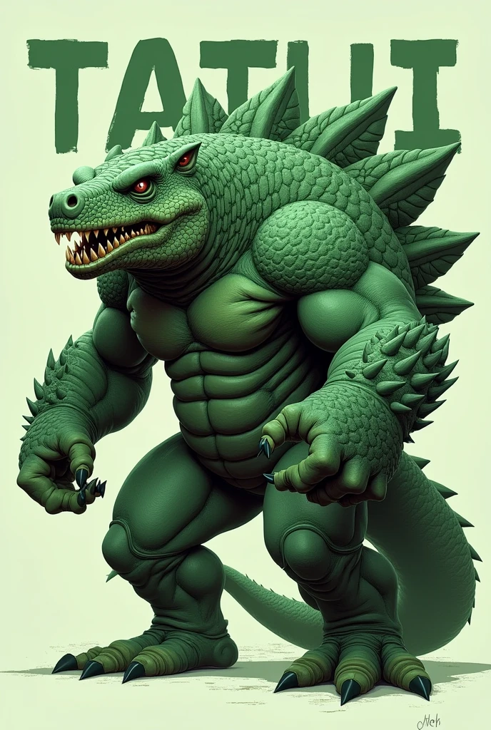 logo of a very angry and aggressive realistic humanoid armadillo, in green tones with the words "TATUI" written on it