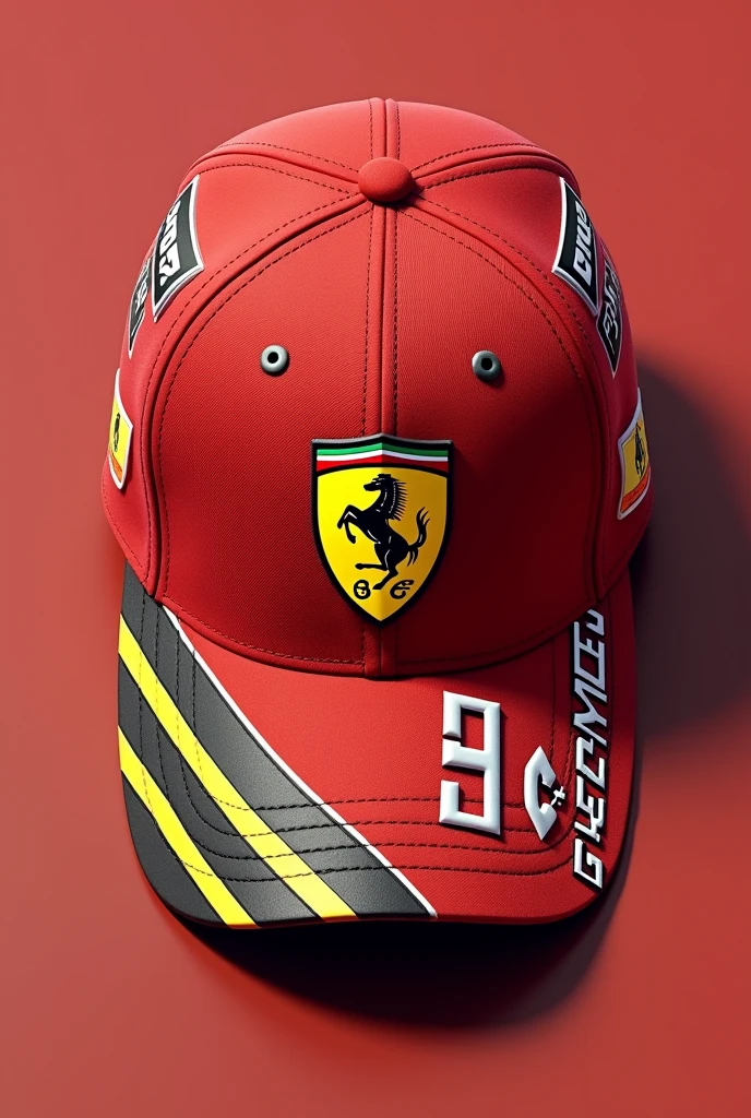 Cap like Carlos Sainz&#39;s, red in color, yellow, black and white with the number 30 on the right side of the vice ,that has the logo of a stallion in the center of the cap, that has GÓMEZ on the right side in front with Ferrari typography 