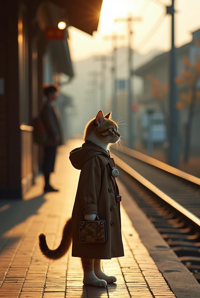 35mm lens,Multiple angles,side,silhouette,Overhead shot,Cat,Standing,doll,Carrying a small school bag,tram,Hokkaido,Autumn Station,Wooden house,Platform, cloak,Ruan Jia,Suit,tie, (Delicate face), (Fine fluffy fur),(35mm Cinema Lens),(Multi-angle shooting),(many viewing angles)