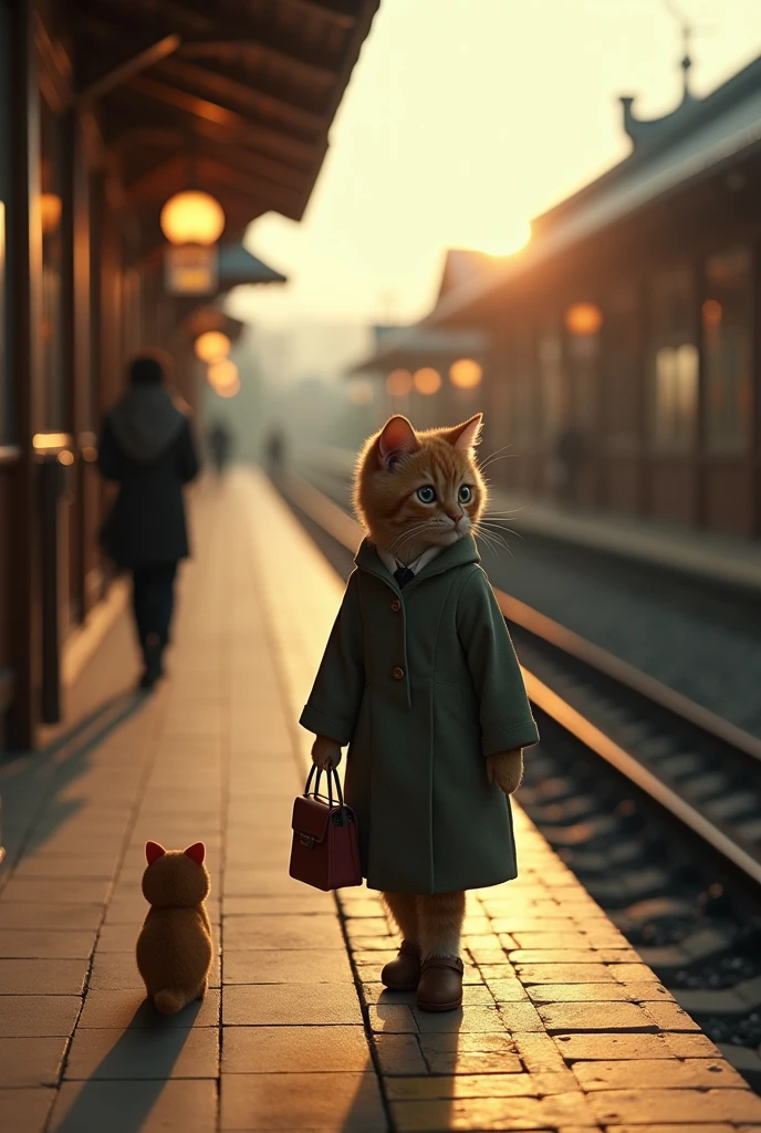 35mm lens，Multiple angles，side，silhouette，Overhead shot，Cat，Standing，doll，Carrying a small school bag，tram，Hokkaido，Autumn Station，Wooden house，Platform， cloak,Ruan Jia,Suit,tie, (Delicate face), (Fine fluffy fur)，（35mm Cinema Lens），（Multi-angle shooting），（many viewing angles）