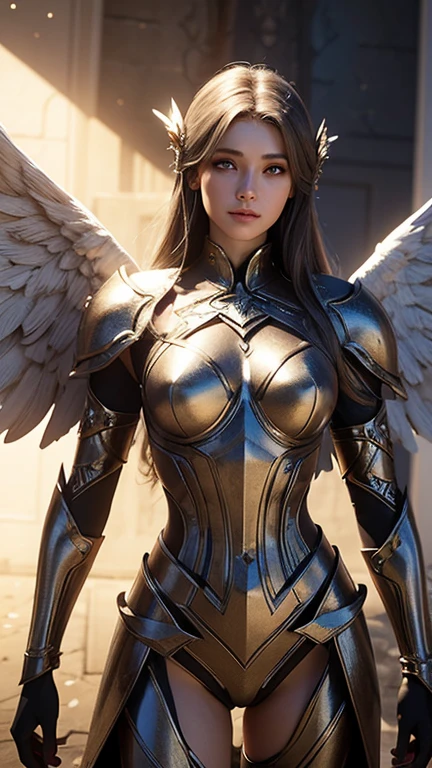 A dual perspective image of a goddess, with the left half showing the body of an angel with holy light and the eyes of a large winged angel ,The entire body is in sharp contrast, with a frontal view, 3D rendering, complex armor, fantasy game environment, and dramatic lighting 