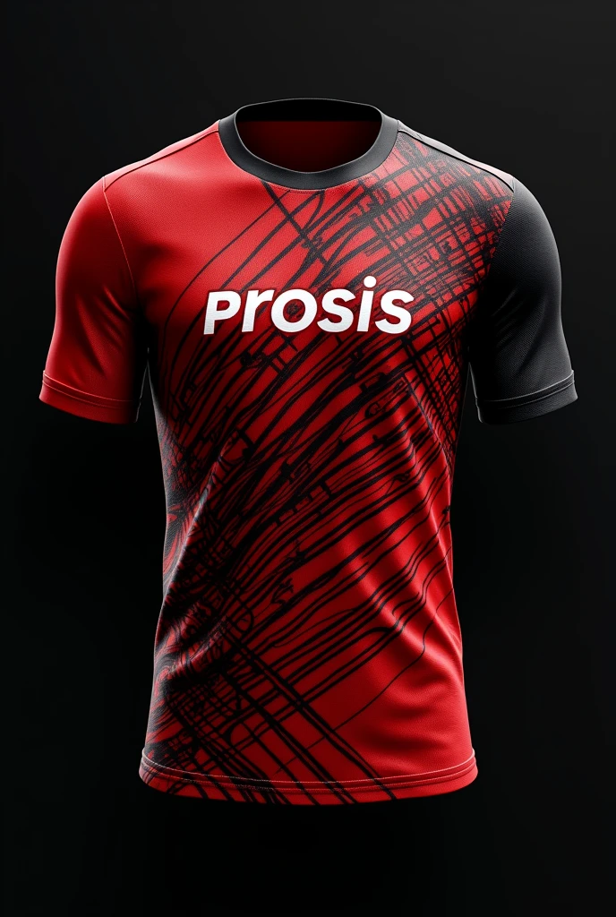Jersey with Prosis logo theme in red, black and splash of yellow and with intricate line pattern