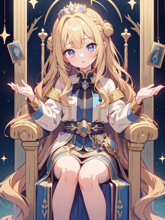 Masterpiece、Ultra-detailed face and eye depictions、Eye highlights、Very delicate and beautiful、A young girl around 12 years old、Long wavy blonde hair、Sitting on the throne、Tarot Cards、Empress