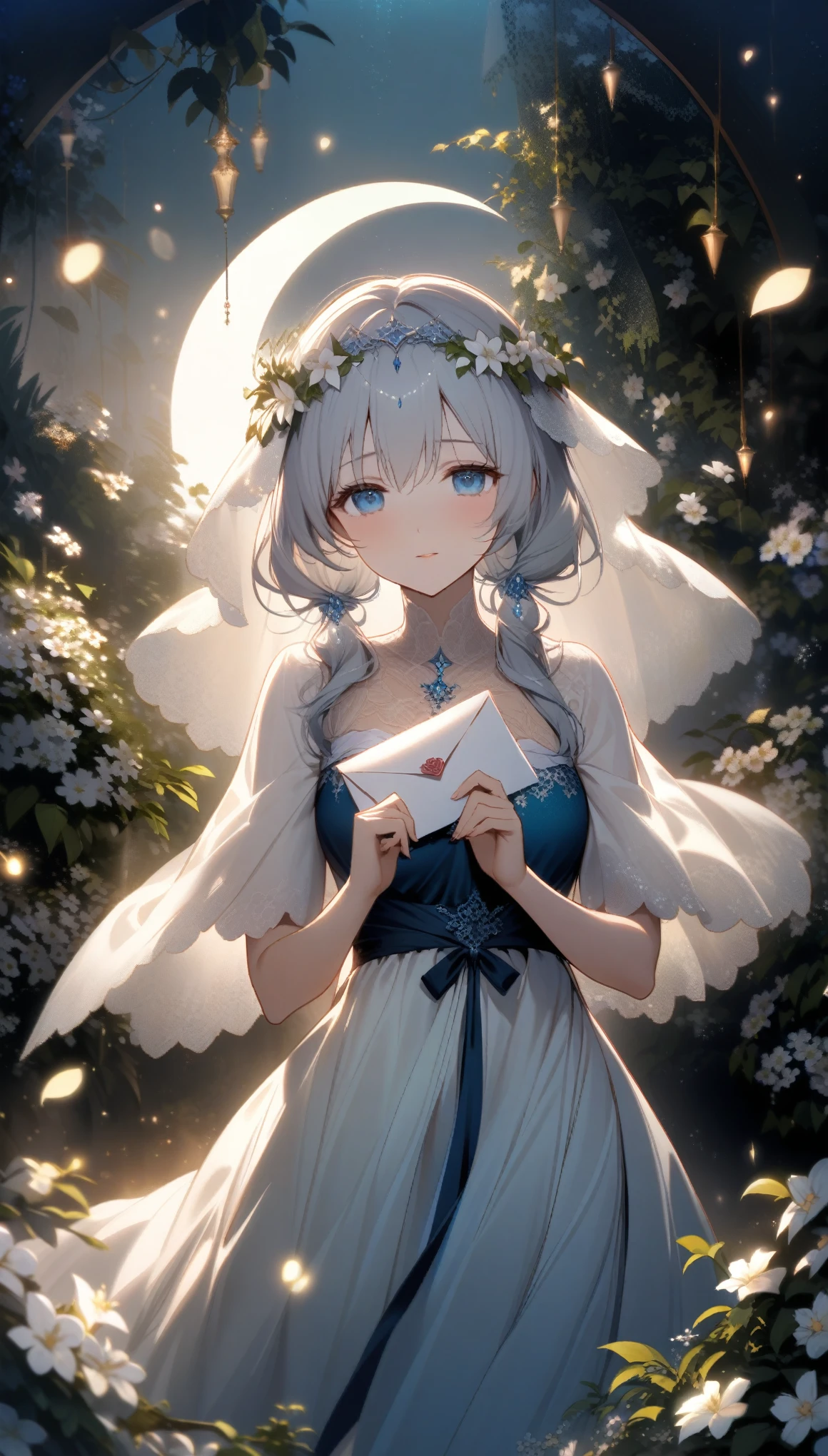 pov, A serene moonlit scene, softly illuminated by a gentle crescent moon, casting a silver veil over a secluded garden path. A bashful maiden, her face flushed with the warmth of her heart's secret, stands timidly before you. Her eyes, a deep ocean blue, shyly avert from yours, as she extends a delicately crafted letter with both hands, its edges adorned with intricate floral patterns. Her fingers tremble slightly, conveying the weight of her emotions. The air is filled with the subtle fragrance of night-blooming jasmine, adding a touch of romance to the moment. The background is a tapestry of lush greenery, gently swaying in the soft breeze, while distant fireflies dance in harmony with the silent night. Every detail exudes a poignant beauty, capturing the tender moment when love dares to speak, whispered in the language of moonlight and flowers.