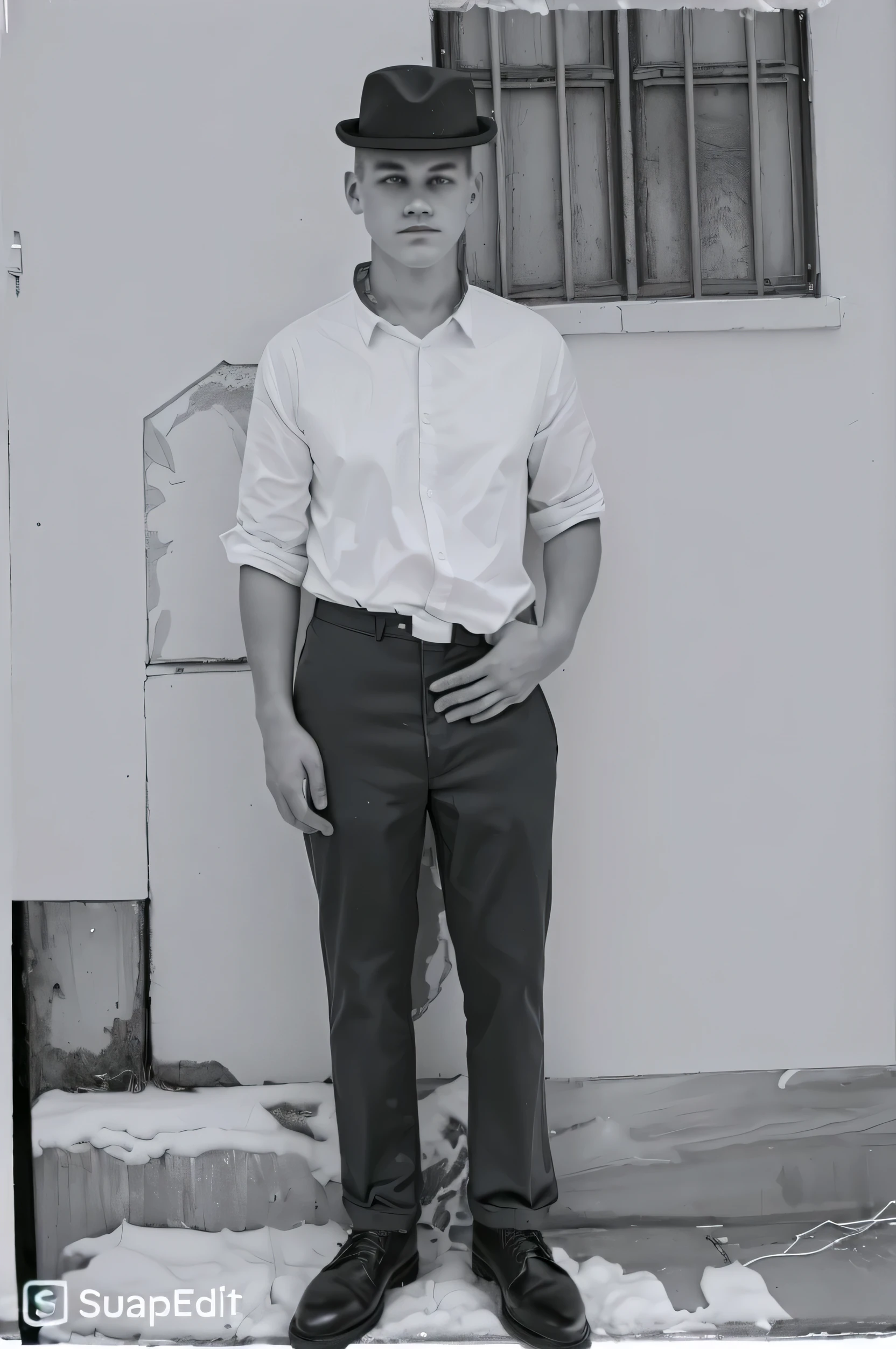 there is a man standing in front of a wall with a hat, Full length portrait, full body portrait shot, inspired by august sander, Full body photo, full body photography, full body portrait posing, realistic Full length portrait, full body photography, full body portrait, full body model, full body photo shoot, photogenic full body shot, pose casual