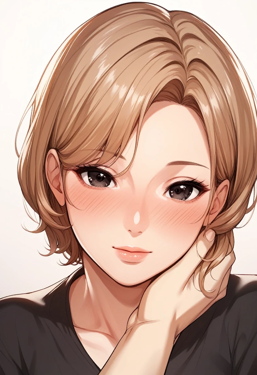 score_9, score_8_up, score_7_up, score_6_up, score_5_up, score_4_up, nari, black eyes, light brown hair, slightly disheveled short hair, masterpiece, best quality, ultra-detailed, higres, 1girl, mature female, beautiful and perfect face, detailed eyes, detailed eyelashes, full-face blush, close mouth, pretty face cute, cute mature adult woman, mature milf cute face, beautiful and cute adult woman's face, cute face, pov, grabbing anothers chin, hand on another's chin, 1girl, closed mouth, blush, ginger, (from front)