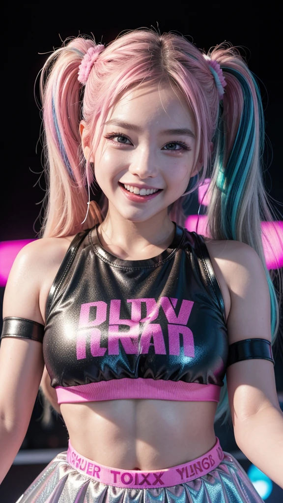 A young DJ with long straight hair, tied into two high ponytails decorated with neon pink pompoms. She wears a bright pink crop top with silver lettering and a silver holographic flared skirt.. At an outdoor festival, with pink and blue neon lights flashing to the beat of the music, she holds silver headphones in one hand while the other makes an excited cheering gesture. She looks at the camera with an infectious smile, radiating energy and enthusiasm.
