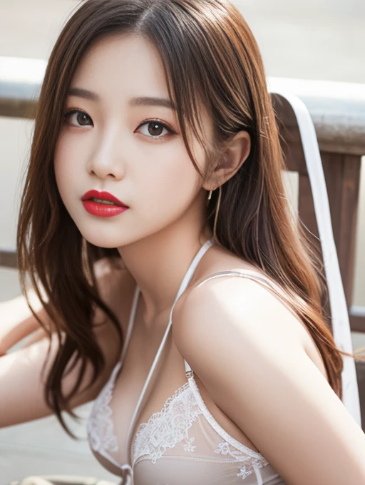 Highest quality、masterpiece、Ultra-high resolution、(Photorealistic:1.4)、((Full body pose:1.0))、Raw photo、One Girl、Park bench、Sitting、Red lipstick、Sexy Underwear、garter belt