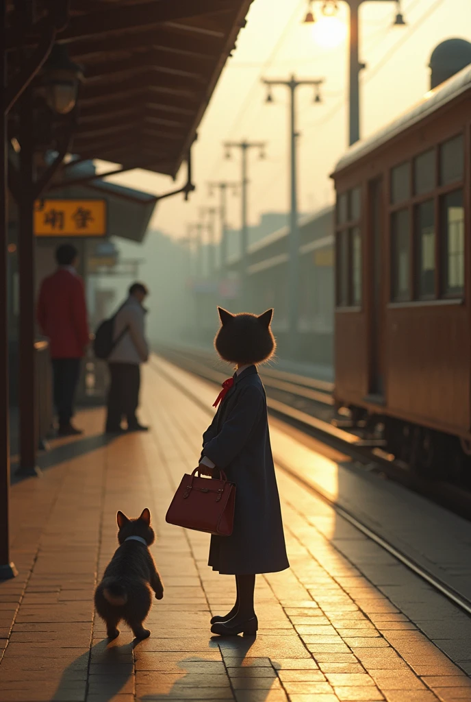 35mm lens,Multiple angles,Back,side,silhouette,Overhead shot,Cat,Standing,doll,Carrying a small school bag,tram,Hokkaido,Autumn Station,Wooden house,Platform, cloak,Ruan Jia,Suit,tie, (Delicate face), (Fine fluffy fur),(35mm Cinema Lens),(Multi-angle shooting),(many viewing angles)