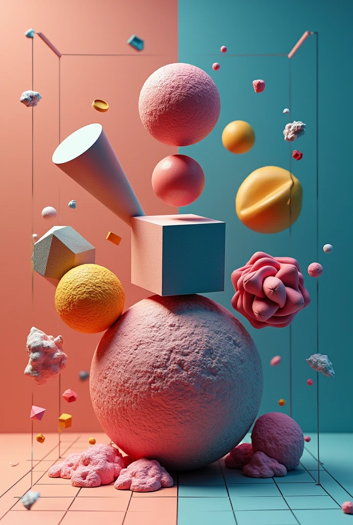 I want basic Platonic figures with a lot of color that show physical properties of force, balance, roughness, torsion, it includes a cone and a cylinder, cube, sphere that can be seen flying, in the background place the 3D Max screen as if it came out of that program