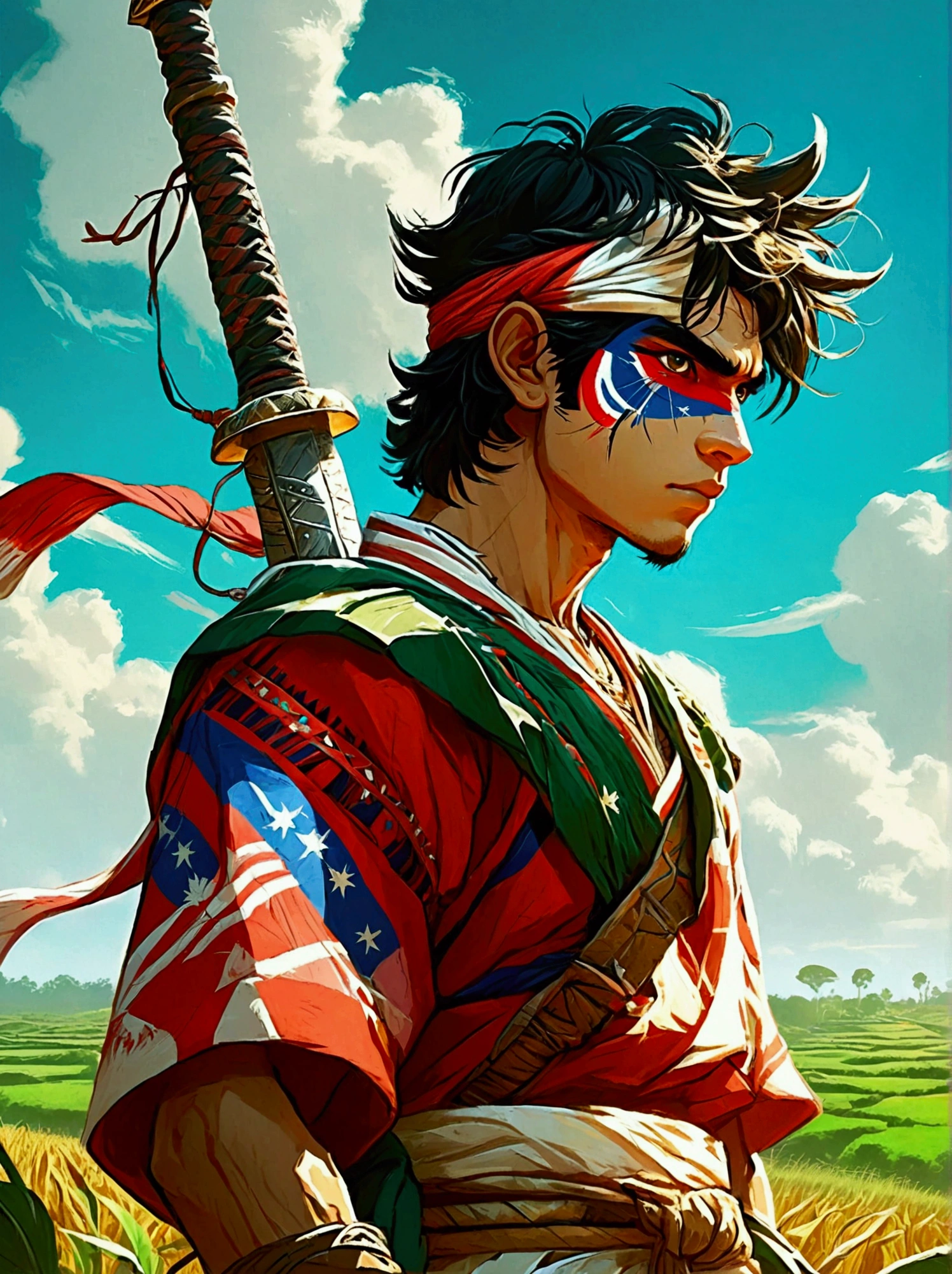 Anime-style fighter from Paraguay. He is wearing traditional Paraguayan clothing., A blend of bright colors and patterns. His eyes were firm and fierce., Embodying his warrior. In his hands, He has a peculiar, High-tech weapons incorporating Paraguayan cultural elements. The lush Paraguayan countryside is in the background, Vibrant green fields stretch to the horizon. Under this vast sky, The Warriors Stand Firm, It shows the wonderful fusion of traditional Paraguayan aesthetics and contemporary animation design..