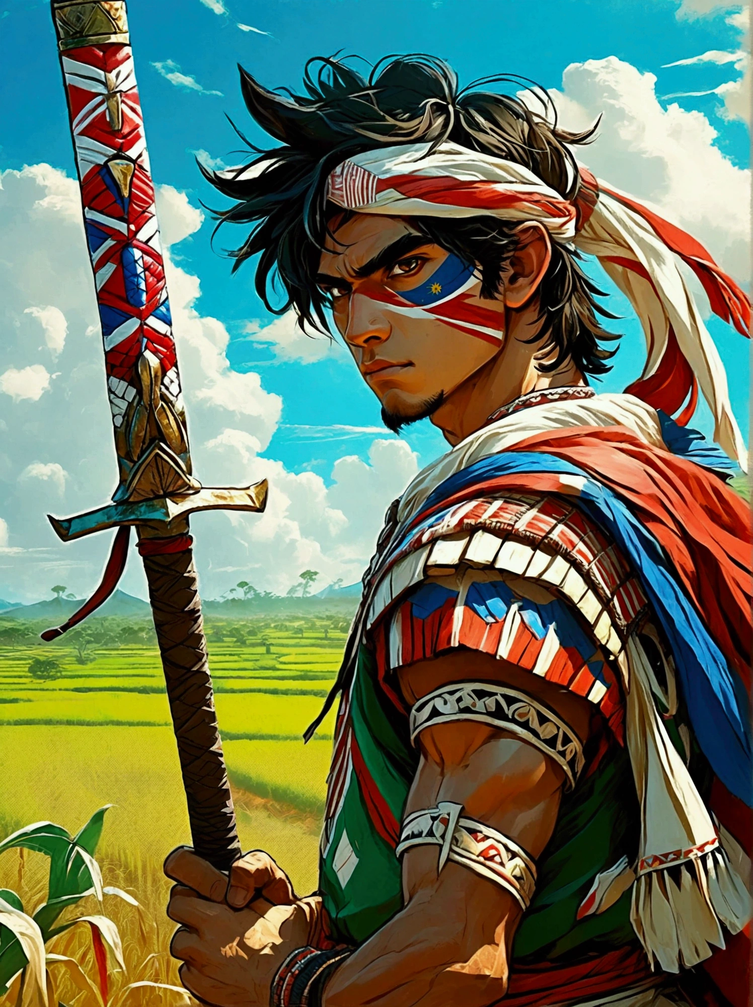 Anime-style fighter from Paraguay. He is wearing traditional Paraguayan clothing., A blend of bright colors and patterns. His eyes were firm and fierce., Embodying his warrior. In his hands, He has a peculiar, High-tech weapons incorporating Paraguayan cultural elements. The lush Paraguayan countryside is in the background, Vibrant green fields stretch to the horizon. Under this vast sky, The Warriors Stand Firm, It shows the wonderful fusion of traditional Paraguayan aesthetics and contemporary animation design..