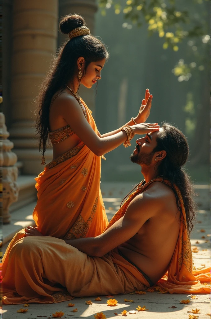 An Indian girl putting her feet in a man's head for blessing