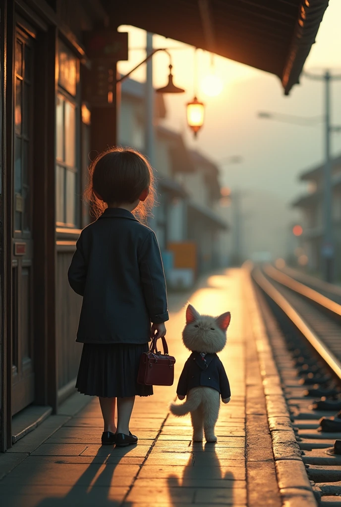 35mm lens,Multiple angles,Countryside scenery,Suburban,Back,side,silhouette,Overhead shot,Cat,Standing,doll,Carrying a small school bag,tram,Beijing,Autumn Station,Wooden house,Platform, cloak,Ruan Jia,Suit,tie, (Delicate face), (Fine fluffy fur),(35mm Cinema Lens),(Multi-angle shooting),(many viewing angles)